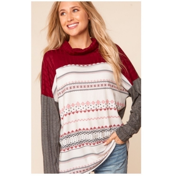 Ribbed Crimson Cowl Neck Turtleneck with French Terry Ethnic/Tribal Print - Picture 7 of 12